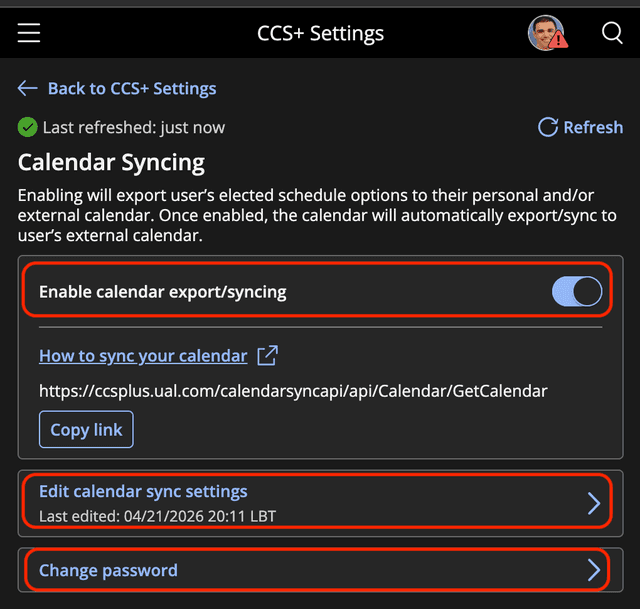 Calendar sync settings step 1