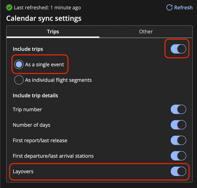 Calendar sync settings step 2